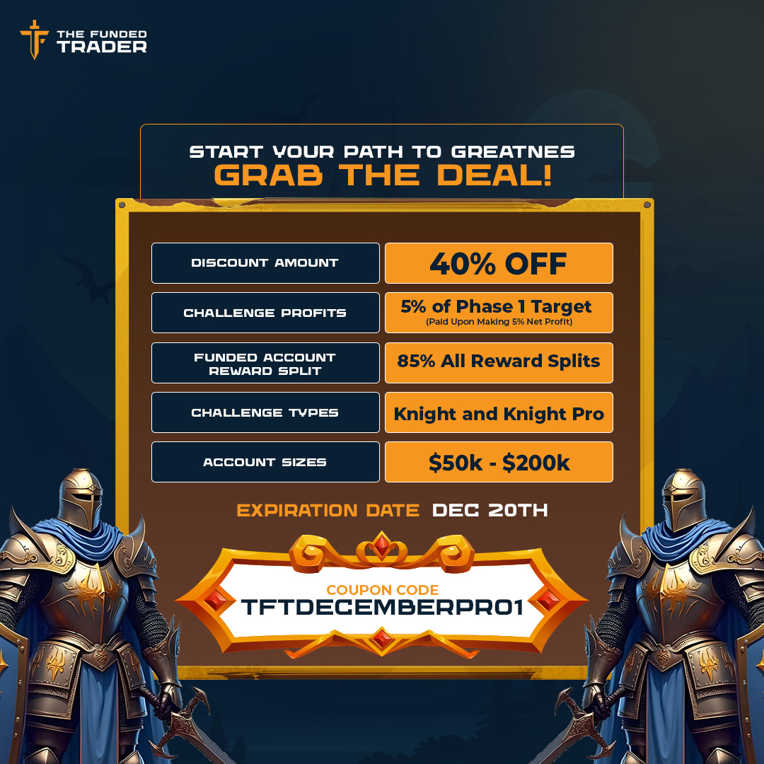 thefundedtrader's tweet image. ✨ New promotion for Knight &amp;amp; Knight Pro Challenges just launched! 🚀

Code: TFTDECEMBERPRO1
🏷️ 40% OFF on Knight and Knight Pro Challenges
💰 5% Challenge Profits from Phase 1 Target (Paid Upon Making 5% Net Profit)
⚔️ 85% All Reward Splits (up to 95% with VIP Program)
📈…