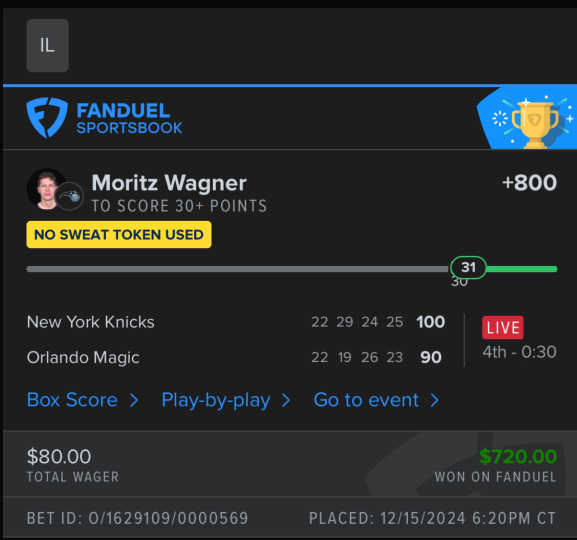 ckmpicks's tweet photo. Big Sweat from this one 

Wagner 30+ Points 

+$720 

-CKM Billdo
#fandual #parlay #parlaywin #nba #GamblingX #magicsparlay #knicksvsmagic https://t.co/jSDqYJJJd1
