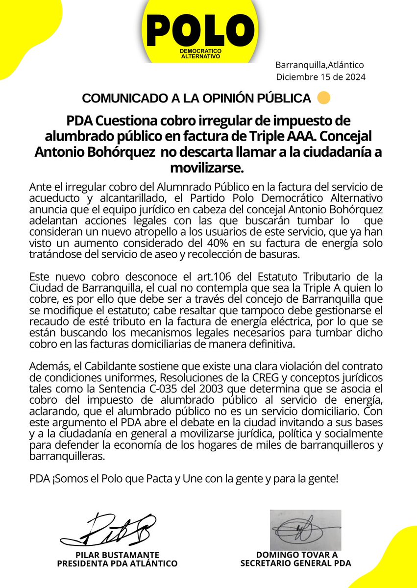 PDA_Atlantico's tweet photo. ⚠️Cobro de Impuesto de Alumbrado Público en factura de Triple AAA ES ILEGAL. 

PDA y concejal Antonio Bohórquez Iniciarán acciones legales contra este nuevo cobro y no descartan llamar a la ciudadanía a movilizarse.

¿Por qué es ilegal? 
⬇️ https://t.co/umriOuwdvm