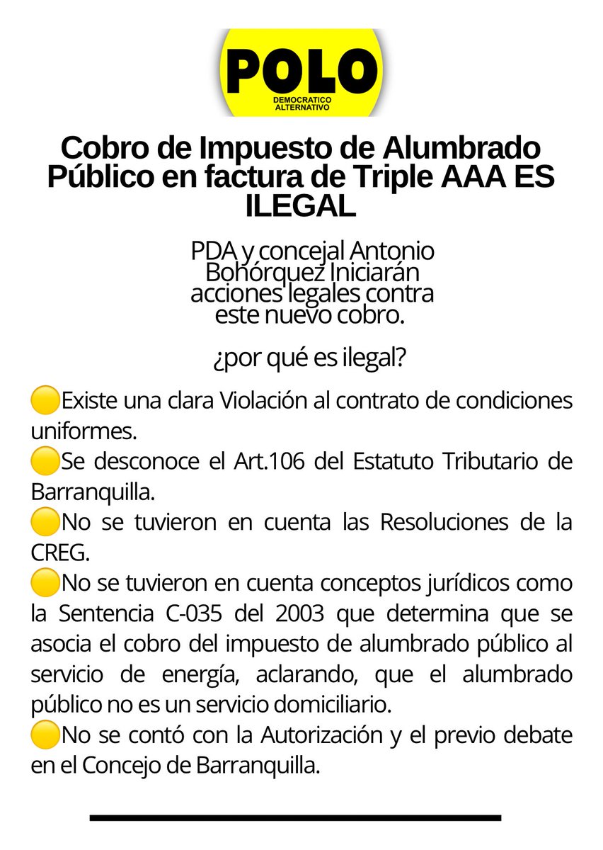 PDA_Atlantico's tweet photo. ⚠️Cobro de Impuesto de Alumbrado Público en factura de Triple AAA ES ILEGAL. 

PDA y concejal Antonio Bohórquez Iniciarán acciones legales contra este nuevo cobro y no descartan llamar a la ciudadanía a movilizarse.

¿Por qué es ilegal? 
⬇️ https://t.co/umriOuwdvm