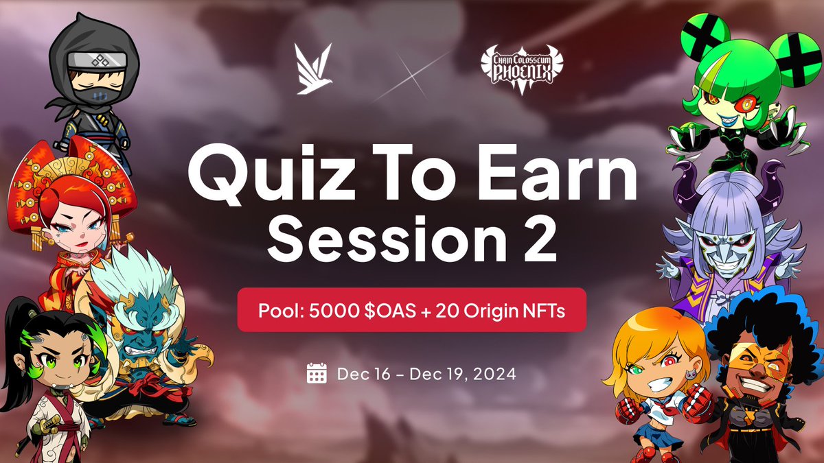 Red Kite Launchpad (@redkitepad) on Twitter photo 🔥 Red Kite x CCP: Quiz To Earn Session 2 is LIVE! 🎉
It’s time to show off your <a href="/ChainColosseum_/">ChainColosseumPhoenix</a> knowledge and WIN BIG! 💡 Dive into our trivia challenge for a chance to grab:
🎁 Prize Pool:
5000 $OAS + 20 Origin NFTs (shared equally among 20 winners)
🗓 Event Period: Dec 16 🔥 Red Kite x CCP: Quiz To Earn Session 2 is LIVE! 🎉
It’s time to show off your <a href="/ChainColosseum_/">ChainColosseumPhoenix</a> knowledge and WIN BIG! 💡 Dive into our trivia challenge for a chance to grab:
🎁 Prize Pool:
5000 $OAS + 20 Origin NFTs (shared equally among 20 winners)
🗓 Event Period: Dec 16
