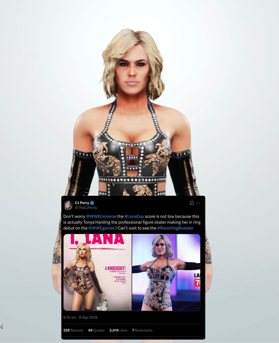 WomensRenders's tweet image. Every time I see this model for Lana I always think back to this twitter moment. - @TheCJPerry 💀😂 #WWE2K19