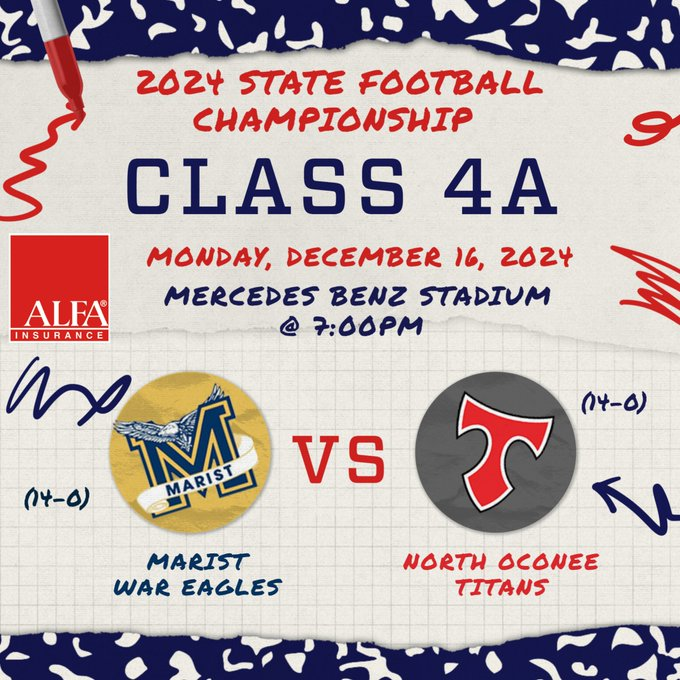 OfficiallGHSA's tweet photo. 🏆GHSA 4A Football State Championship 
📅Mon, Dec 16,  at 7:00 PM
🏈 @NOHSFootball  vs. @MaristBooster 
🏟️@MBStadium 
📺 Watch https://t.co/DGoAFjW1l5
📱 Tickets https://t.co/fIGEknHyHH

@RecruitNorthFB @titansensor @TDowis13 @CoachAurandt https://t.co/XtVm6dIdSR