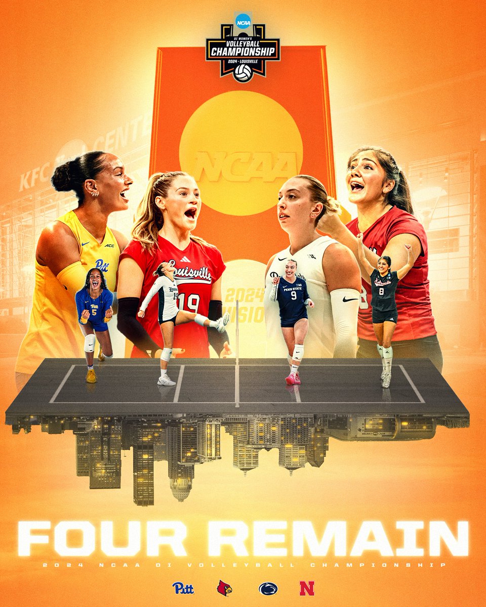 And then there were four. Who will take it all in Louisville? 🏆

(1) <a href="/LouisvilleVB/">Louisville Volleyball</a>  🆚 (1) <a href="/Pitt_VB/">Pitt Volleyball</a> 
(1) <a href="/PennStateVBALL/">Penn State Women’s Volleyball</a>  🆚 (1) <a href="/HuskerVB/">Nebraska Volleyball</a> 

#NCAAWVB