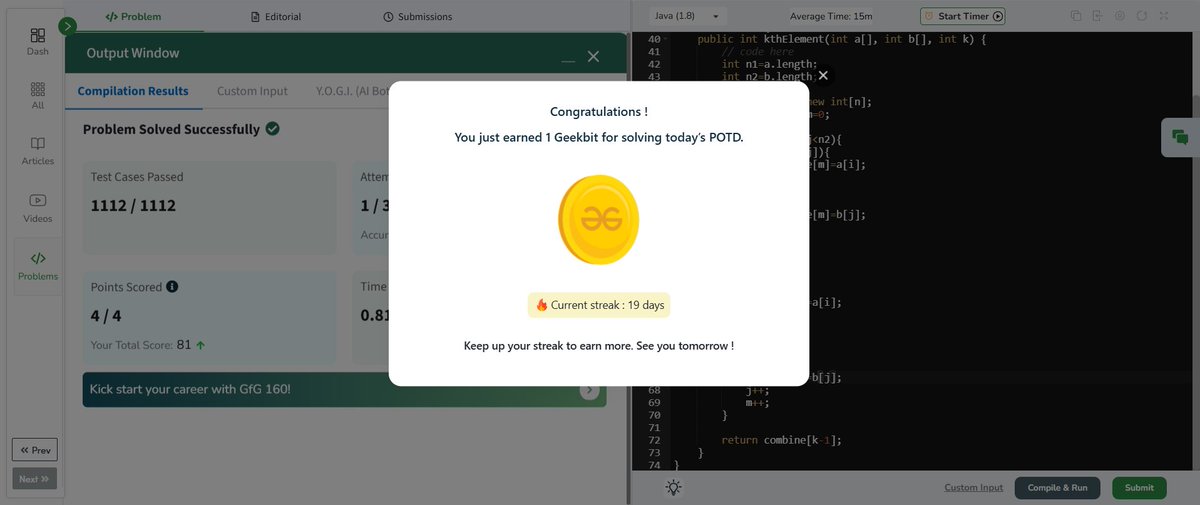 NavagyaSingh's tweet image. Day 19 of #gfg160🚀
Problem Solved: K-th element of two arrays.  #geeksofgeeks @geeksforgeeks #geekstreak2024 #womanintech #TechInnovation #DSA #CodingChallenge