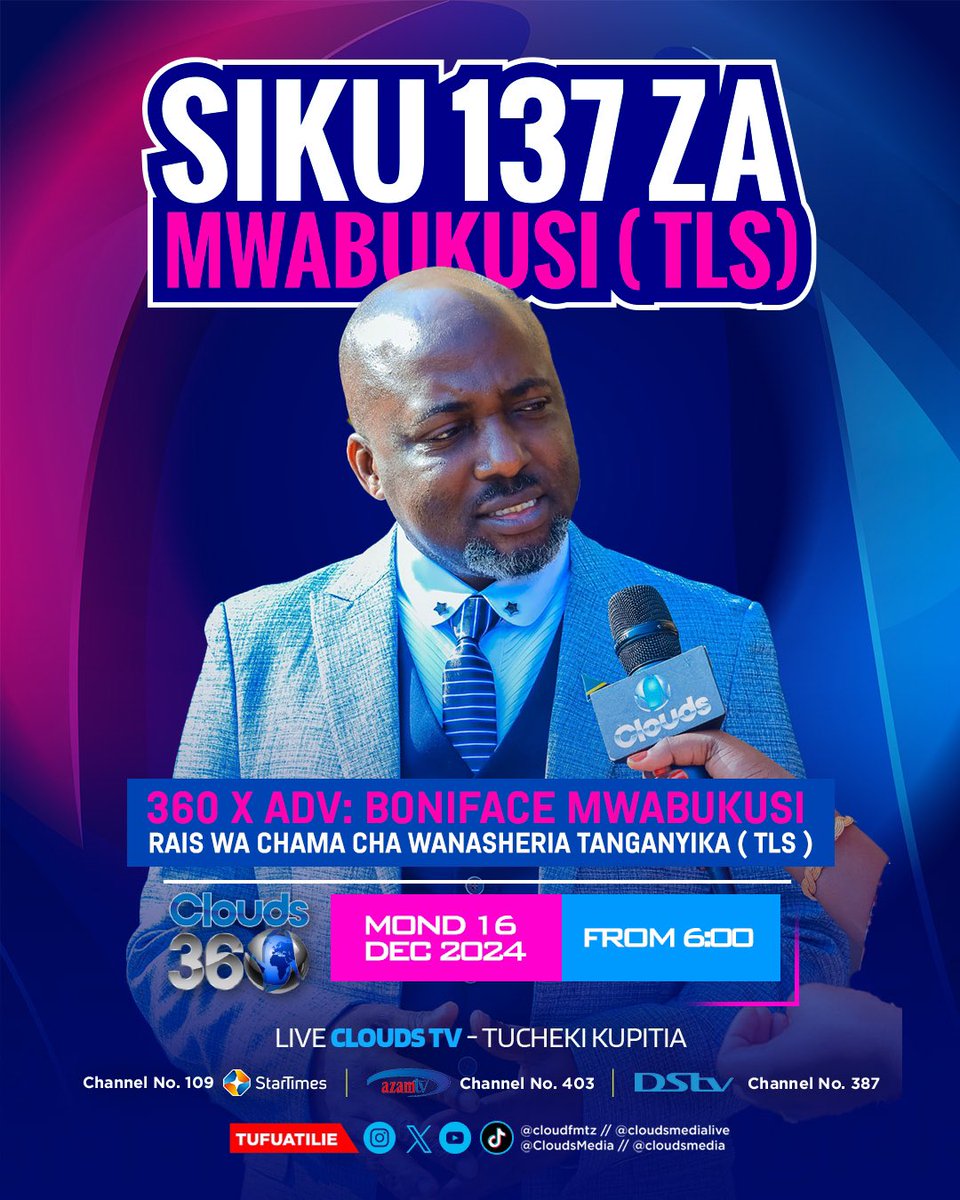 marcelkitabu's tweet photo. Una lipi kwa Rais wa TLS Boniface Mwabukusi ?
Clouds 360 leo tupo na @Mwabuk2Boniface live on #Cloudstv kuanzia 2:30 pale asubuhi hii.
#ilipotupo🎯 https://t.co/yS5Y1KwvXb
