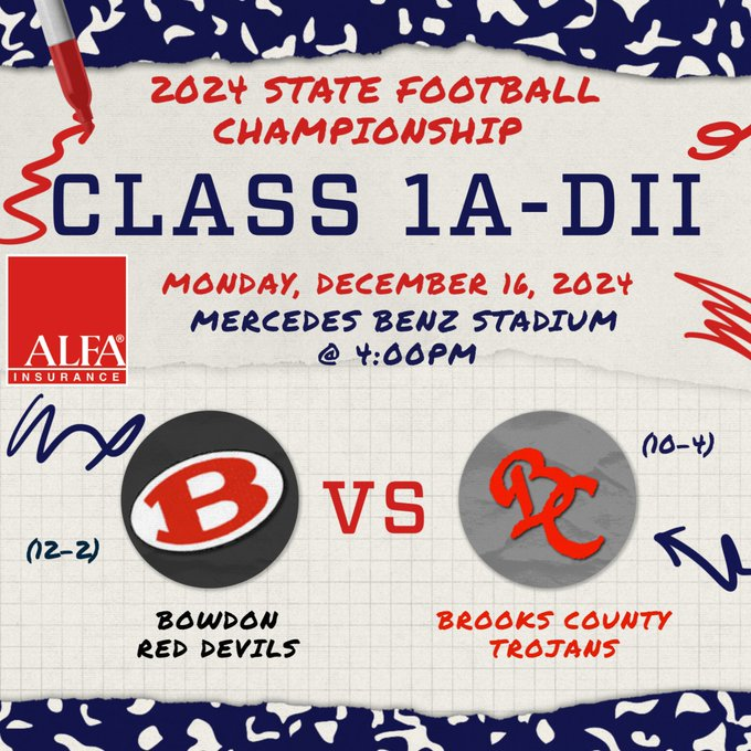 OfficiallGHSA's tweet photo. 🏆A1D2 Football State Championships.
🏈@bowdonrecruits VS @BCTROJANFB 
📅 Mon., Dec. 16th, 4:00 pm
🏟️@MBStadium
📺 Watch https://t.co/DGoAFjW1l5
📱 Tickets  https://t.co/WHlY1CplMb

@skatpakk1 @CoachJoshMack @CoachJoshMack https://t.co/X7OJqLmUrW