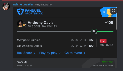 ckmpicks's tweet photo. CASH another live bet

AD 30+ Points
 
-CKM TailingTommy

#fandual #parlay #parlaywin #nba #GamblingX https://t.co/MGihIkcGE2