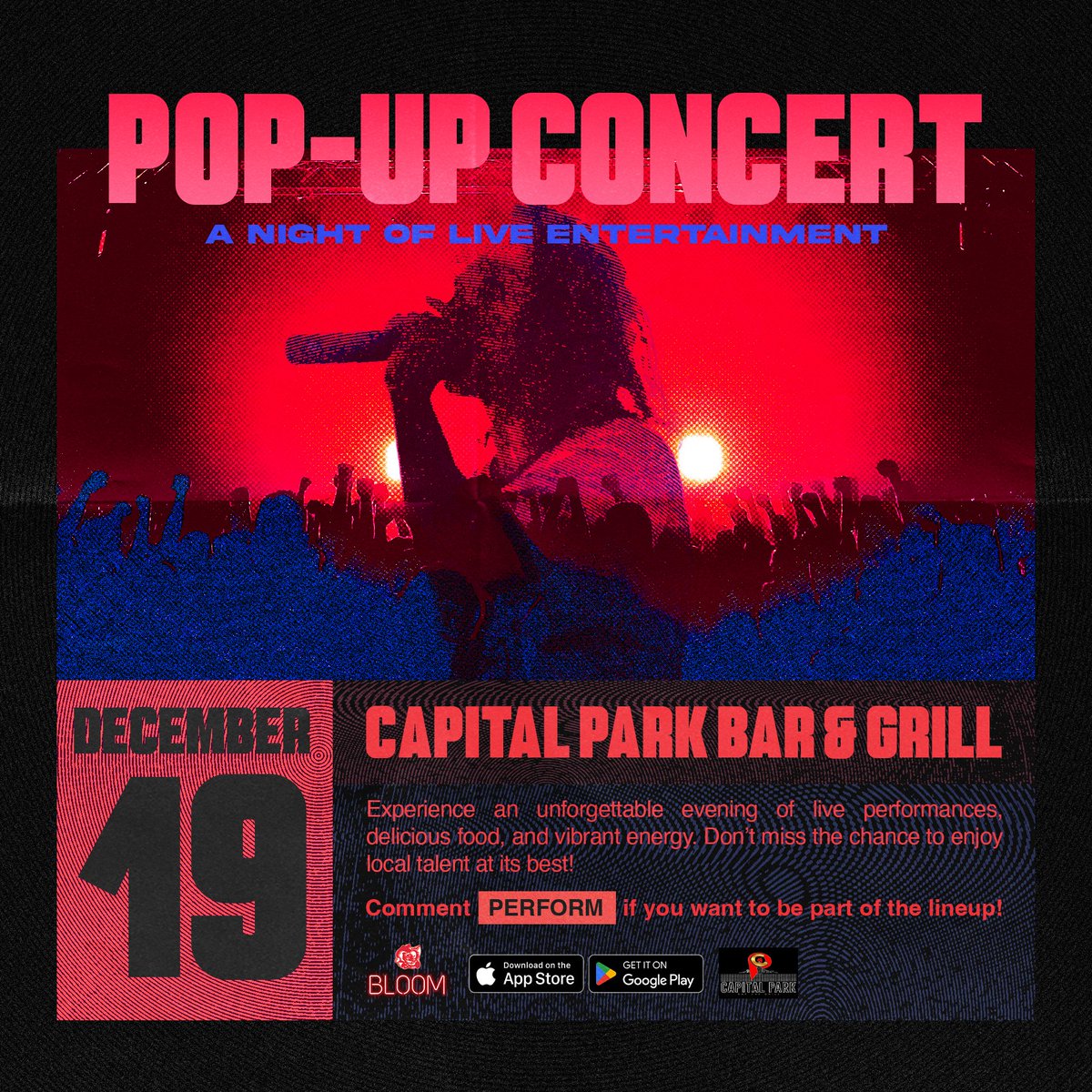 BloomBooking's tweet image. 🎶 Don’t miss this! Pop-up concert coming to Capital Park Bar &amp;amp; Grill. An evening of live music, good vibes, and incredible talent. #BloomApp #BookBloom #LiveMusic #BloomApp #PopUpConcert #Louisiana #venue #performer #gig #CapitalPark