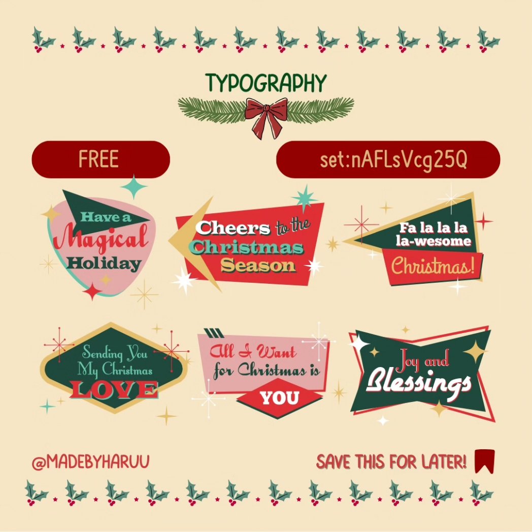 haruutsuki16's tweet photo. Keyword untuk 3 elemen ini:
1️⃣set:nAEqmtJ8wIc
2️⃣set:nAES58KHD30
3️⃣set:nAFWmbhw6T8
4️⃣set:nAFLgv6OcQE
5️⃣set:nAEnV9xbOkE
6️⃣set:nAFLsVcg25Q

💾Jangan lupa di-save ya! Mau tahu lebih banyak lagi tentang Canva? Yuk difollow!

#canva #canvaelements #design #christmas #typography https://t.co/28sypt8i6h