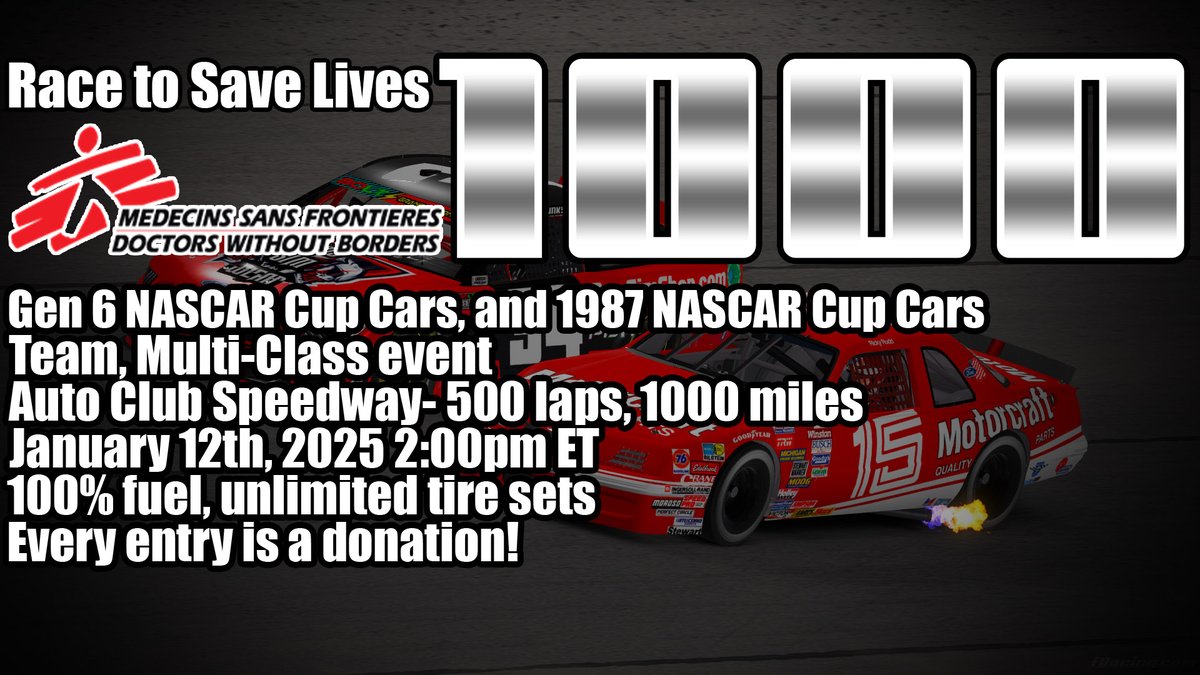 Hey everyone!

This is a little event that I'm putting together, benefitting Doctors Without Borders, the Race To Save Lives 1000!

More details, sponsors, prizes, and more to come! We do have a Discord put together already, please send me a DM here, or on Discord to be invited!