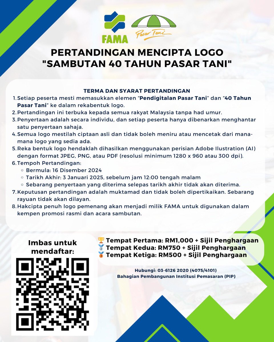 PERTANDINGAN MENCIPTA LOGO SAMBUTAN 40 TAHUN PASAR TANI

🔥 Anda berbakat dalam reka bentuk grafik? Jom Serlahkan Kreativiti Anda! 🔥

Cipta Logo Ikonik untuk Sambutan 40 Tahun Pasar Tani! 🌟

FAMA mengajak semua rakyat Malaysia untuk menyertai Pertandingan Mencipta Logo