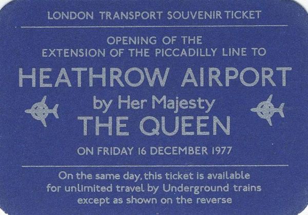 JoeBrownLondon's tweet photo. #OnThisDay 47 years ago, Her Majesty Queen Elizabeth II opened the Piccadilly Line extension from Hatton Cross to Heathrow Central (today's Heathrow Terminals 2 & 3 station). Photo and souvenir ticket from @ltmuseum collection. https://t.co/b5U3RLbZS1