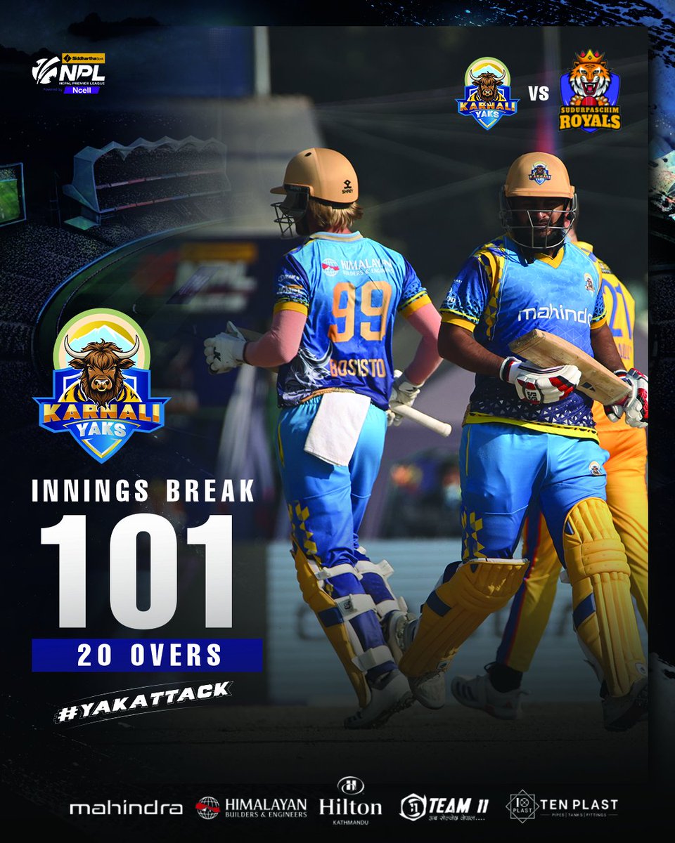 KarnaliYaks's tweet photo. Innings Break!
Karnali Yaks with a total of 101 on the board. Time for the bowlers to unleash the #YakAttack and defend this score like warriors! πͺπ₯
#YakAttack #karnaliyaks #SBLNPL #NepalCricket #Mahindra #agnigroup #karnaliyakssquad #team11 #tenplast #hiltonkathmandu https://t.co/7WrTzKUofB