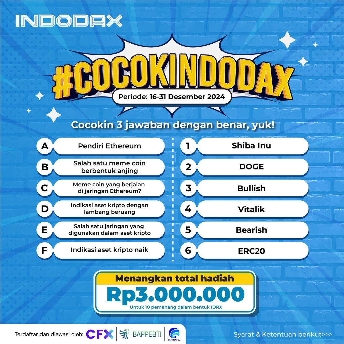 indodax's tweet photo. Asah pengetahuan kripto kamu bareng #COCOKINDODAX di Instagram &amp; Twitter INDODAX

Menangkan total hadiah Rp3.000.000 dalam bentuk IDRX untuk 10 pemenang🤩

Buruan ikutan sekarang sebelum masa periode kuis berakhir

#INDODAX #AsetMasaDepan https://t.co/kLjU9aFTRo