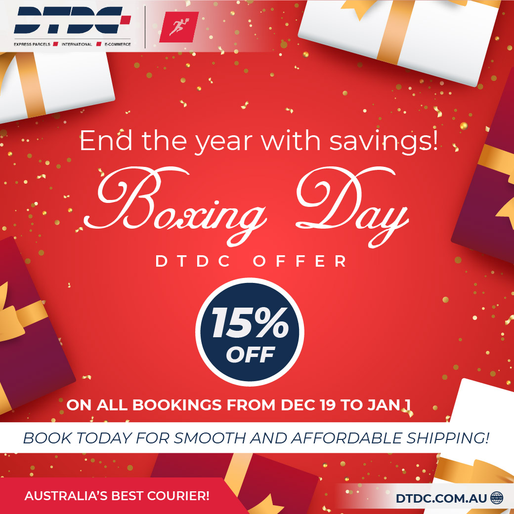 dtdcaustralia's tweet image. End the year with savings!

This Boxing Day, DTDC offers 15% OFF on all bookings from Dec 19 to Jan 1.

Don’t miss out—book now for smooth and affordable shipping this festive season!

#BoxingDaySavings #DTDCDeals #15PercentOff #HolidayShipping #FestiveOffers