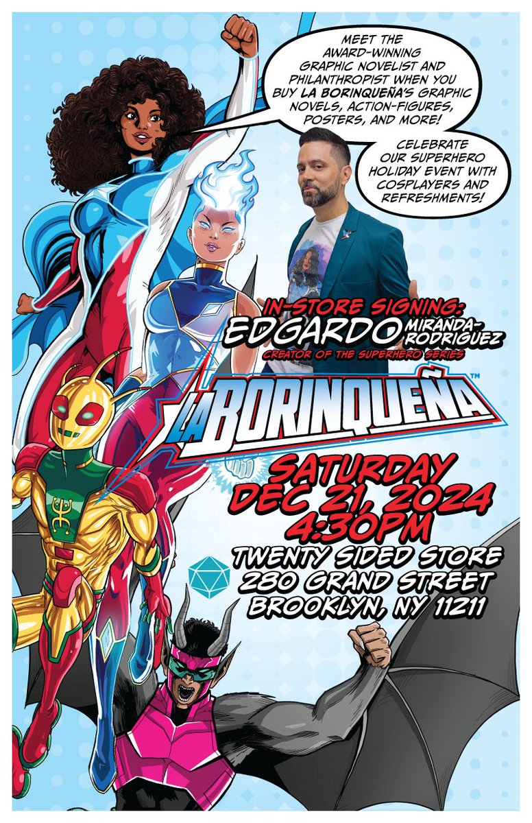 🇵🇷 Edgardo Miranda-Rodriguez ★ La Borinqueña (@mredgardonyc) on Twitter photo Join me for my last event of 2024! Get your last minute holiday shopping done and pick up some graphic novels, comics, action-figures, and more! I'll be at <a href="/20sidedstore/">Twenty Sided Store</a> in Williamsburg Brooklyn Saturday December 21 at 4:30PM! Join me for my last event of 2024! Get your last minute holiday shopping done and pick up some graphic novels, comics, action-figures, and more! I'll be at <a href="/20sidedstore/">Twenty Sided Store</a> in Williamsburg Brooklyn Saturday December 21 at 4:30PM!