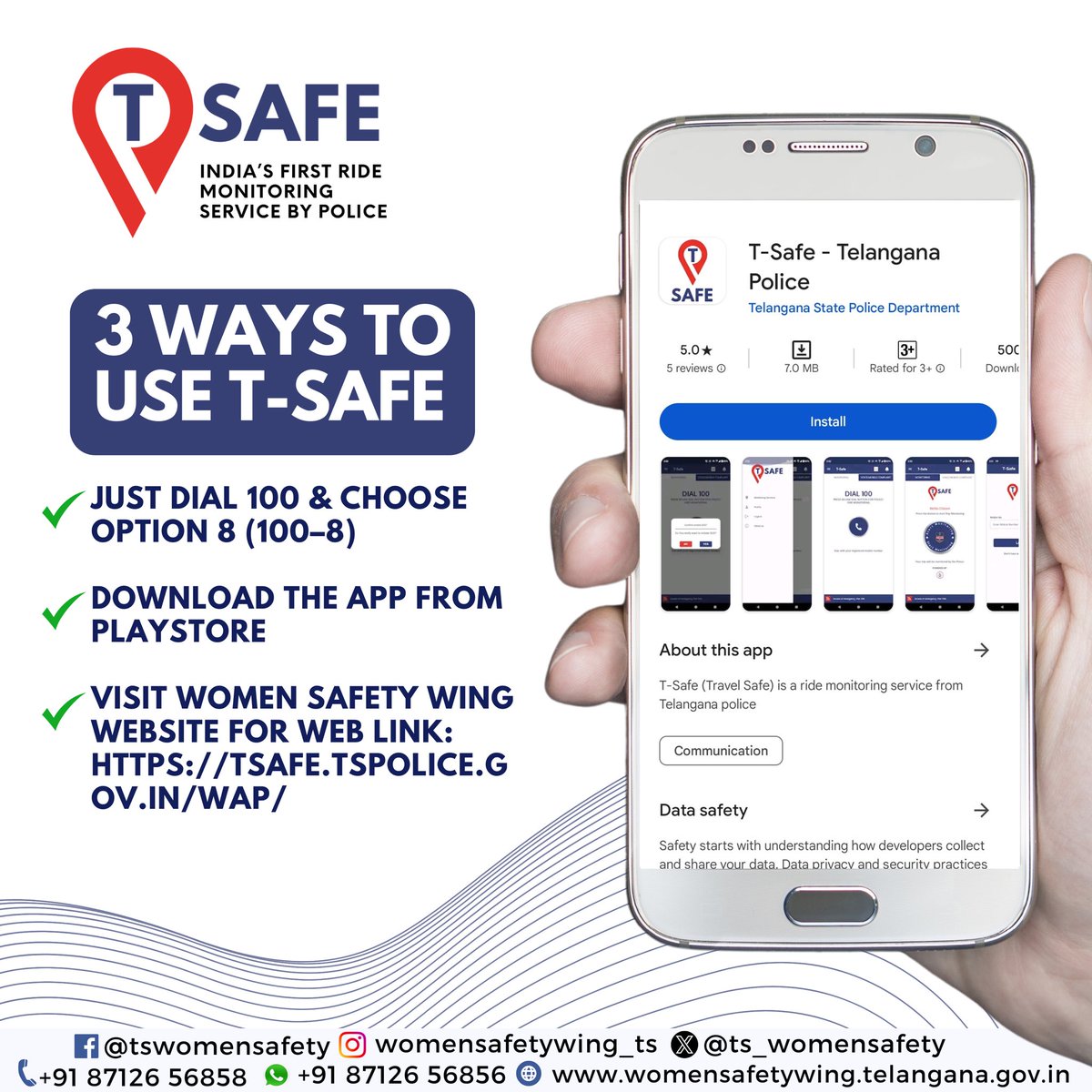 tg_womensafety's tweet photo. Every #Woman can harness the power of #TSafe for safe &amp; secure journeys! India’s First Ride Monitoring Service by Telangana Police. 

#Monday #MondayMorning #MondayMotivation #Learn #WomenSafetyWing #SheTeams #Bharosa #Ahtu #Sahas #Cdew #TSafe #TelanganaPolice #Telangana #India https://t.co/dpPZ1sBWbJ