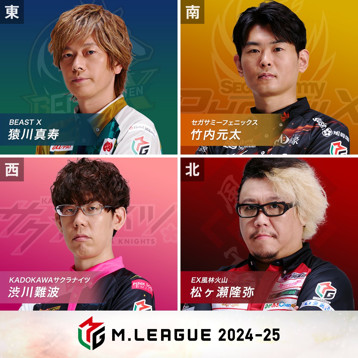 m_league_'s tweet photo. 大和証券 #Mリーグ 2024-25
12/16(月)　53日目/108日

第1️⃣試合の出場選手発表

東家：#猿川真寿
BEAST X

南家：#竹内元太
セガサミーフェニックス

西家：#渋川難波
KADOKAWAサクラナイツ

北家：#松ヶ瀬隆弥
EX風林火山

実況：#古橋崇志
解説：#土田浩翔

▽19時〜放送開始