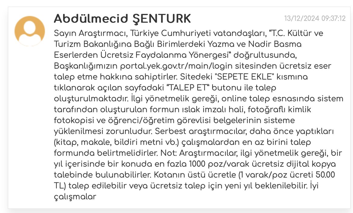 idrismahfi's tweet photo. Diyor ki Türkiye Yazma Eserler Kurumu Başkanlığı, @yekgovtr : Ben dijital platform kurdum ama bürokratik kırtasiyeden de vazgeçmem; ıslak imza isterim, kimlik belgesi isterim, diploma örneği isterim!..
Ayrıca diyor ki: Dileyen her vatandaşa da yazma eserlerden dijital nüsha vermem!.. Madem serbest araştırmacısın, bana daha önce ortaya koyduğun eserlerin listesini gönder ki ecdadın sana miras bıraktığı yazma eserleri görmeye, okumaya yetkinliğin var mı yok mu bileyim!..
Millî kütüphanede vardı evvelce bu saçma tutum, onlar vazgeçtiler; şimdi https://t.co/n4FN1eNrIy başladı!...
Ne diyeyim: Sen, ben bizim oğlan eğlensinler kendi aralarında gönüllerince!..