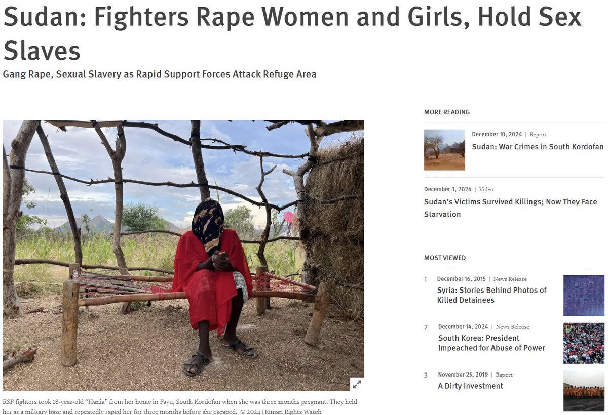 1/ The Rapid Support Forces &amp; allied militias have carried out sexual violence across #Sudan including in South Kordofan, with <a href="/hrw/">Human Rights Watch</a>’s latest report detailing dozens of cases of rape, including in the context of sexual slavery hrw.org/news/2024/12/1…