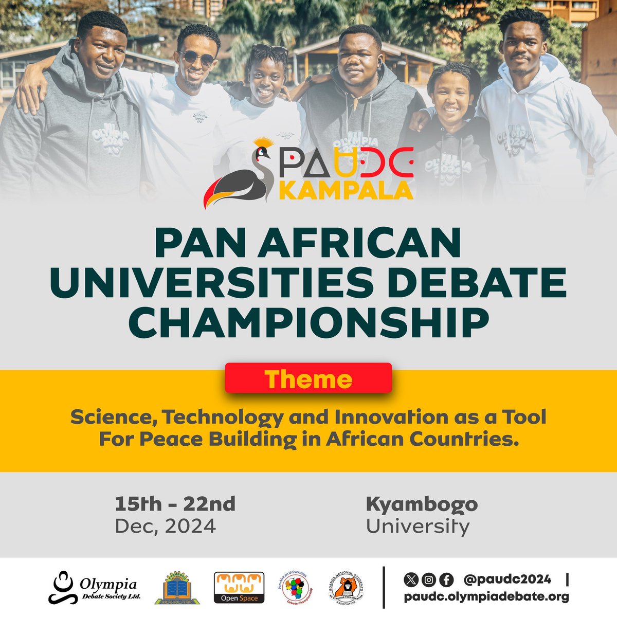 UGDebateCircuit's tweet photo. Uganda's @kyambogou is hosting Africa's Ultimate Debate Experience, the 2024 Pan-African University Debate Championship - #PAUDC2024

Convened by @PAUDC2024 and @OpenSpaceUganda 
Africa is here for #ThePearlExperience
#Giving4Devt | @ngoforum https://t.co/rTafe6pRSp