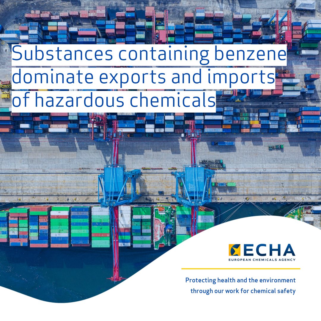 EU_ECHA's tweet photo. #EU_PIC - Our annual report shows that substances containing benzene dominated the imports and exports of hazardous chemicals in the EU under the Prior Informed Consent (PIC) Regulation in 2023.
Read the news and report: 🔗https://t.co/xoUXuc9pYO
#ChemicalSafetyEU https://t.co/KavuAc9zfk