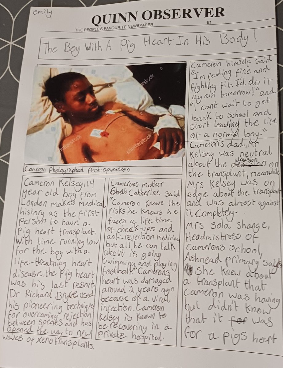 BGE 'Pig Heart Boy' 📰 🗞 newspaper reports @MontroseEnglish #ethics #transplant #lifeordeath