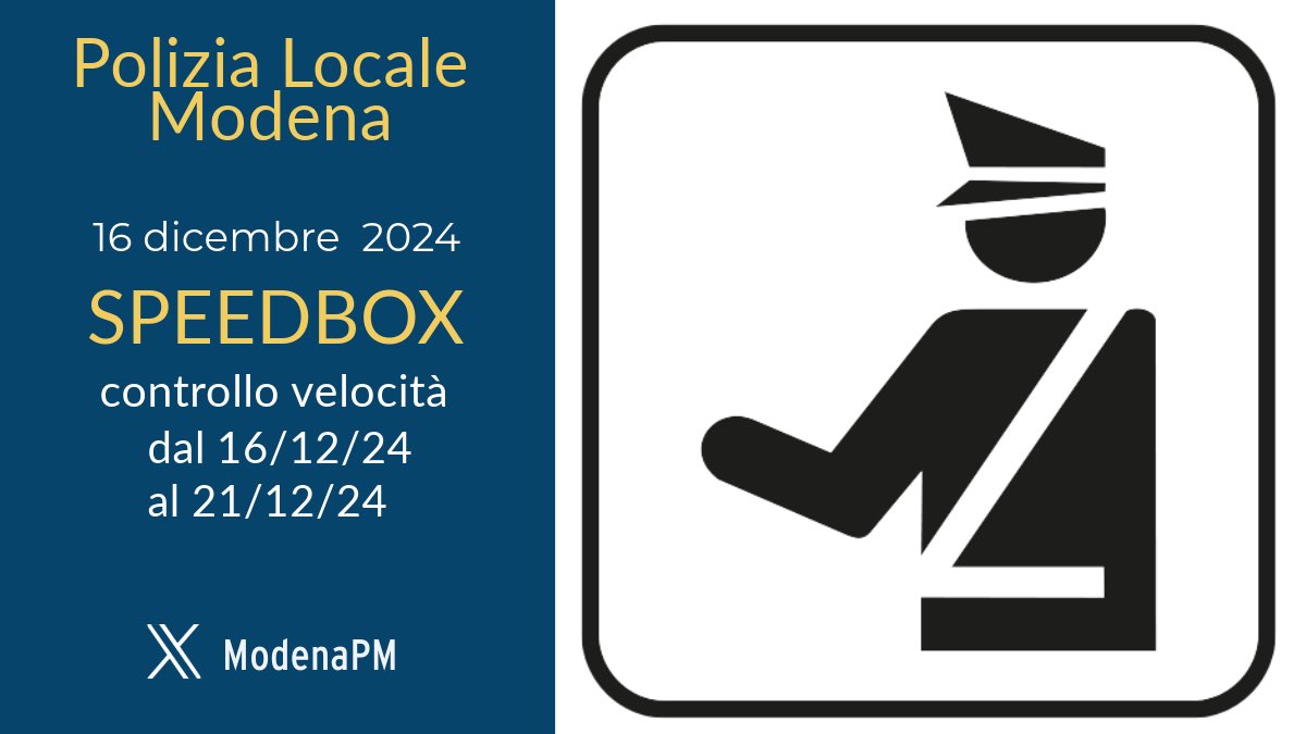 PLModena's tweet photo. #ViabilitàMO #speedbox
Dal 16/12/2024 al 21/12/2024 i controlli #velocità sono effettuati con la strumentazione #speedbox nelle seguenti vie:
✅ Viale Autodromo (limite 50 Km/h);
✅ Strada Albareto (limite 50 Km/h).
Prudenza alla guida e rispetta i limiti. https://t.co/KmSZdogi7o
