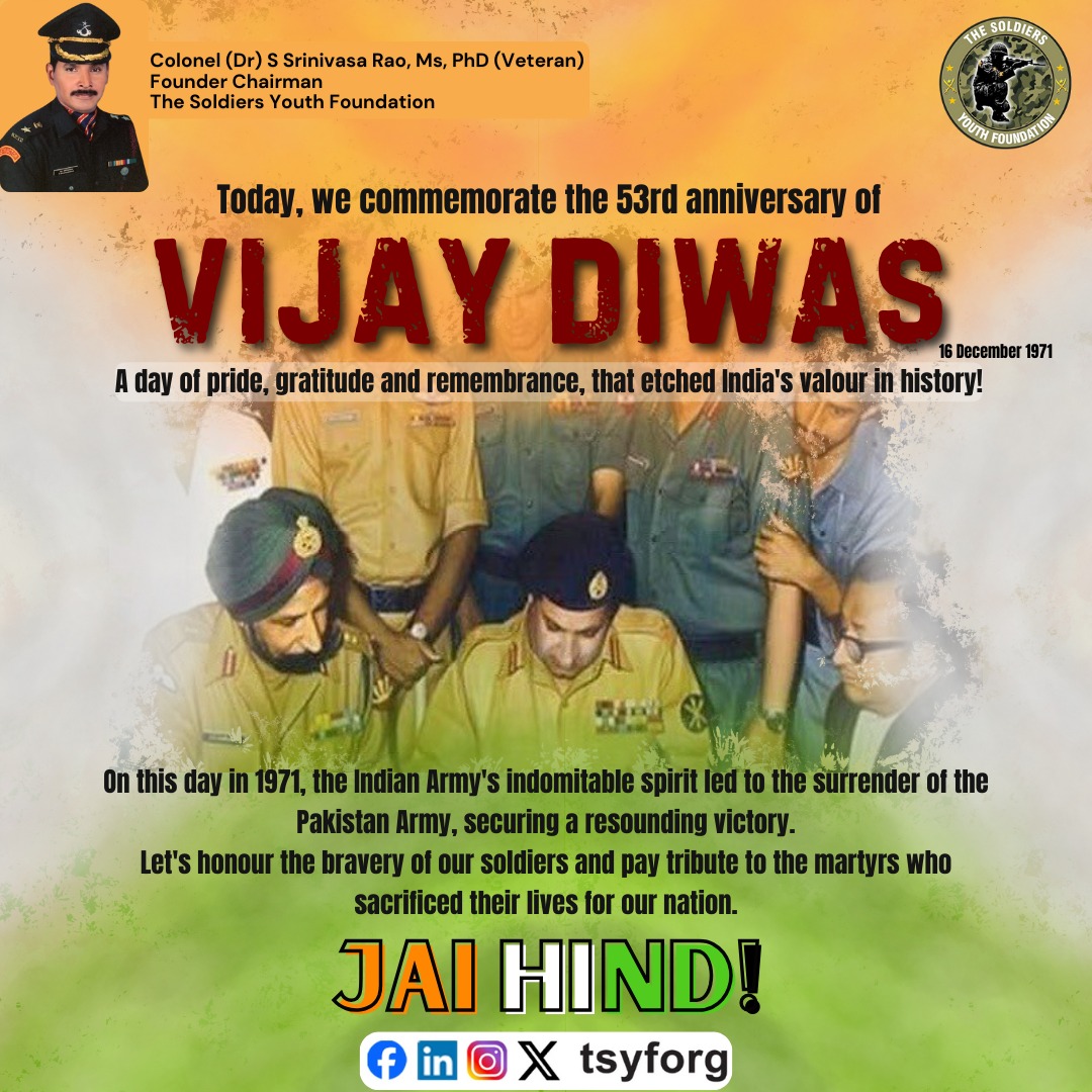 tsyforg's tweet photo. On this #VijayDiwas, we honor our brave soldiers and pay tribute to the martyrs of 1971

#soldiersyouthfoundation #विजय_दिवस #kargilvijaydiwas #veterans #unityindiversity #indiasaluteskargilheroes #jaihind #indianarmy #prideofindia #soldierssacrifice #salutetosoldiers #tribute https://t.co/fmbq1GTAFP