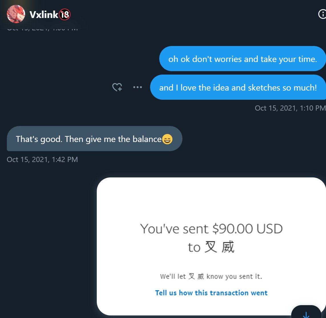 Alright, it's time for me to speak up.

I commissioned artwork from <a href="/vxlink/">Vxlink🔞</a> and paid $180 in full on October 15th, 2021.

Today is December 16th, 2024. It's already 3 years, 2 months.

All I have received is a sketch. There has only been one update with just line art.