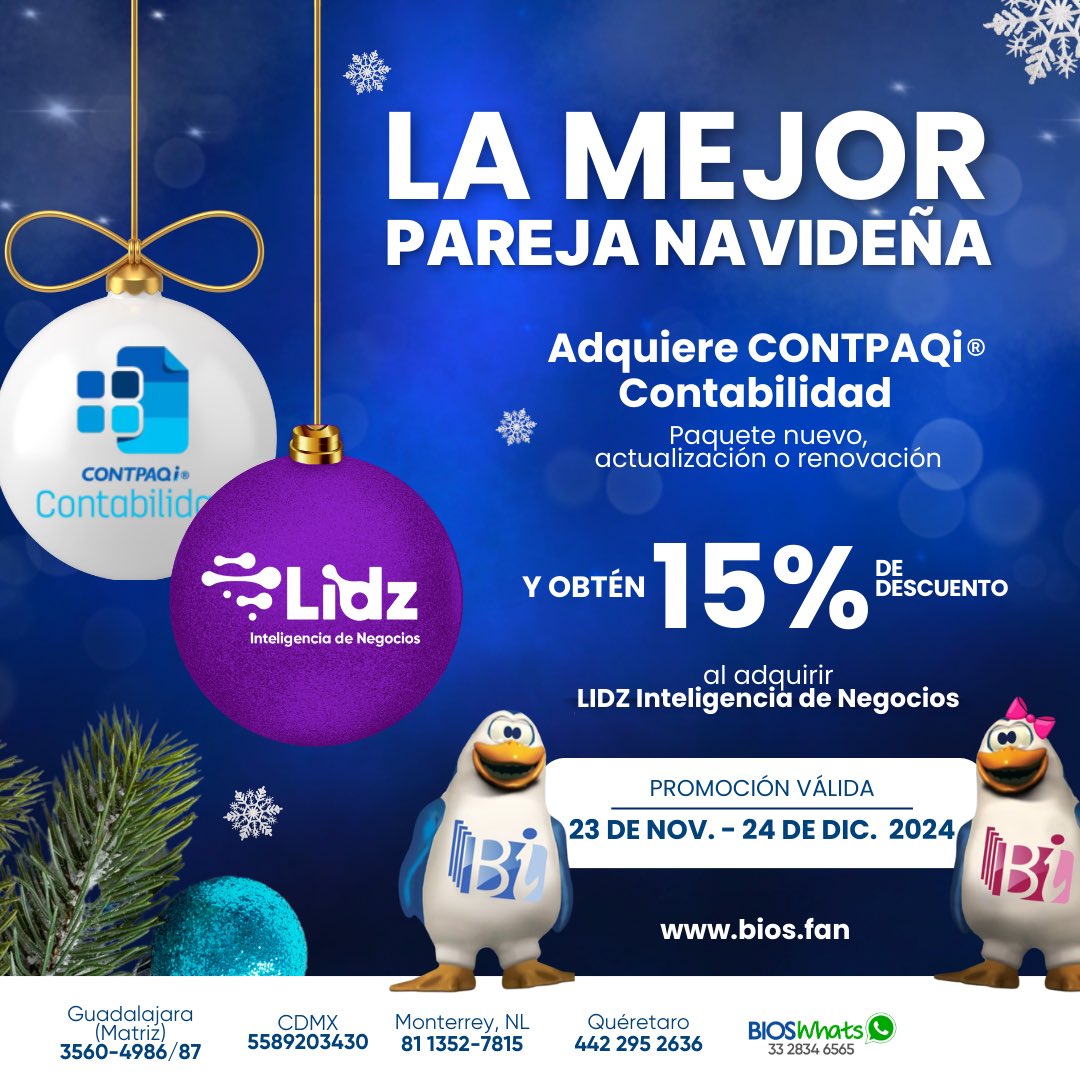 bios2_0's tweet photo. Adquiere CONTPAQi® (paquete nuevo, actualización o renovación) y obtén un 15% de descuento en LIDZ .
No dejes pasar esta oportunidad de optimizar tu negocio con herramientas de vanguardia. 

Contáctanos hoy mismo y asegura tu descuento navideño. https://t.co/PTipMTlXDY