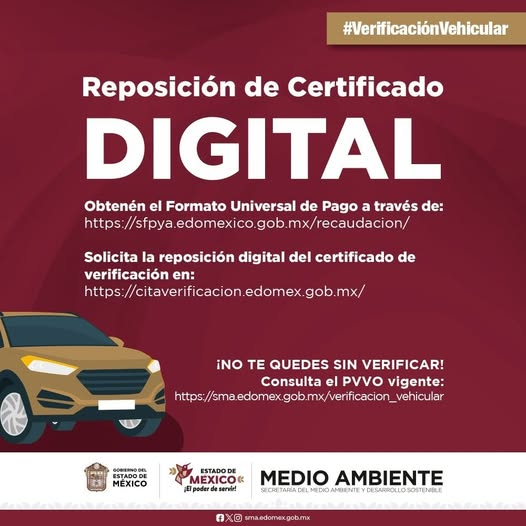 ¡No te quedes sin tu constancia de verificación!
Repón tu certificado digital en citaverificacion.edomex.gob.mx y realiza el pago en sfpya.edomexico.gob.mx/recaudacion/. ¡Verifica a tiempo y mantén tu auto en regla! #VerificaciónVehicular