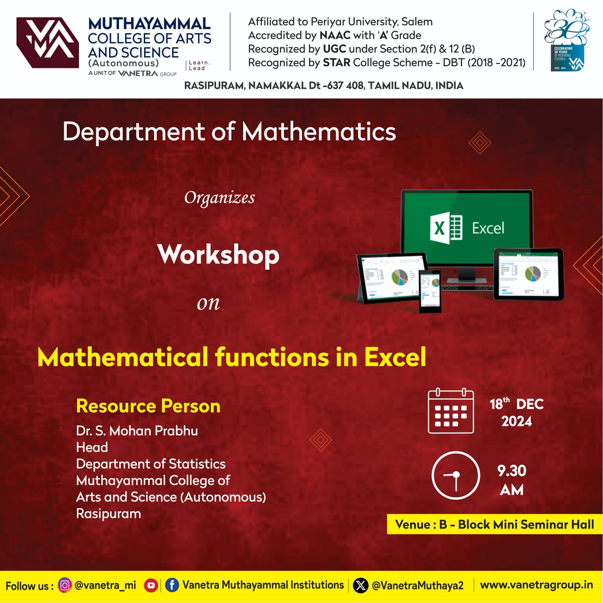 VanetraMuthaya2's tweet image. 📊 Department of Mathematics Presents: One-Day Workshop on Mathematical Functions in Excel✨
Master the power of Excel for mathematical computations and data analysis!
📅 Date: 18.12.24
#ExcelWorkshop #MathematicalFunctions #SkillDevelopment #DepartmentOfMathematics #vanetra