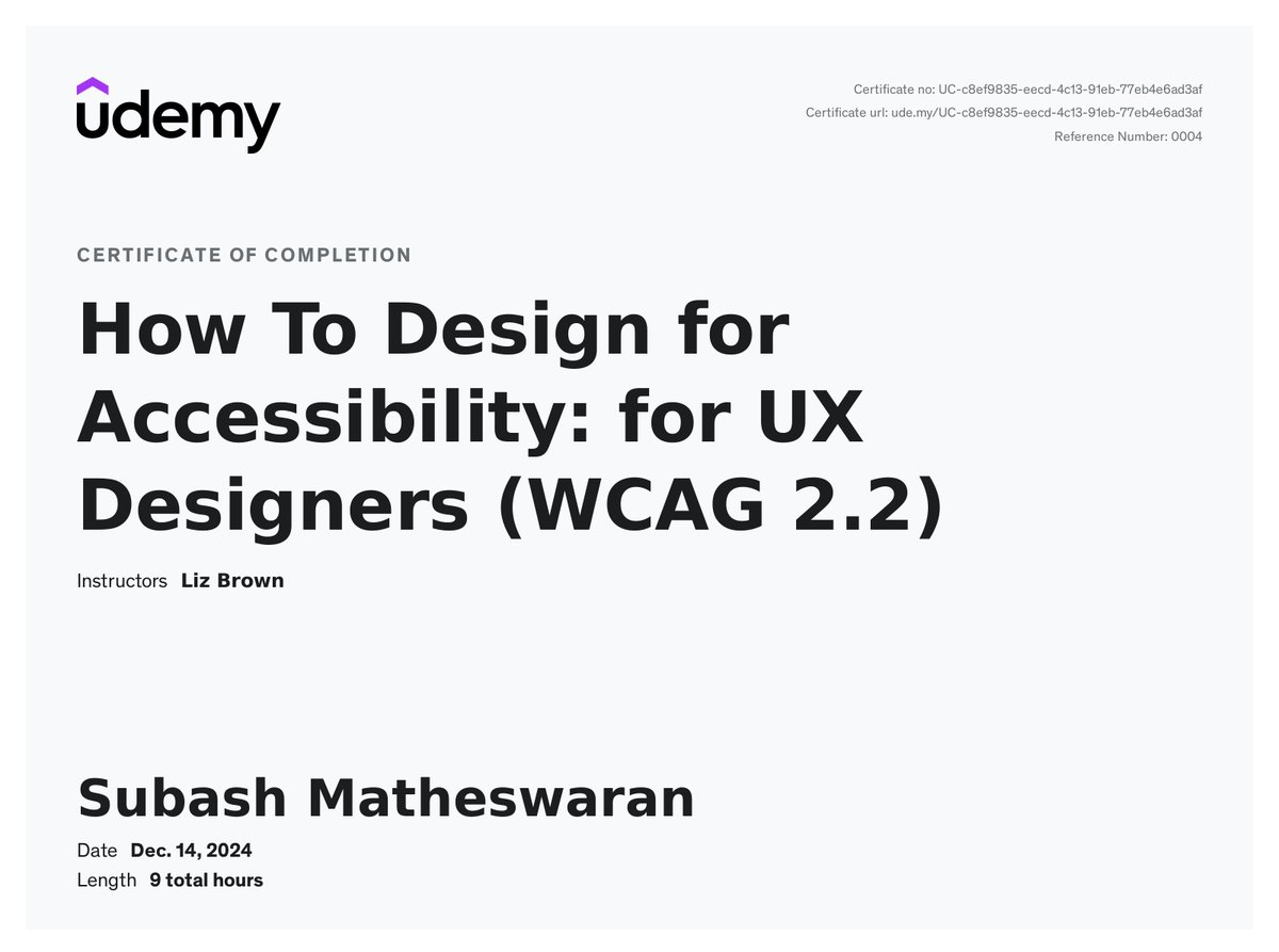 SubashMathes's tweet photo. Completed an important UX cource on design for accessibility WCAG 🤗
Thanks @udemy @LizBrownUX 🎉 https://t.co/U0IH5SaowI