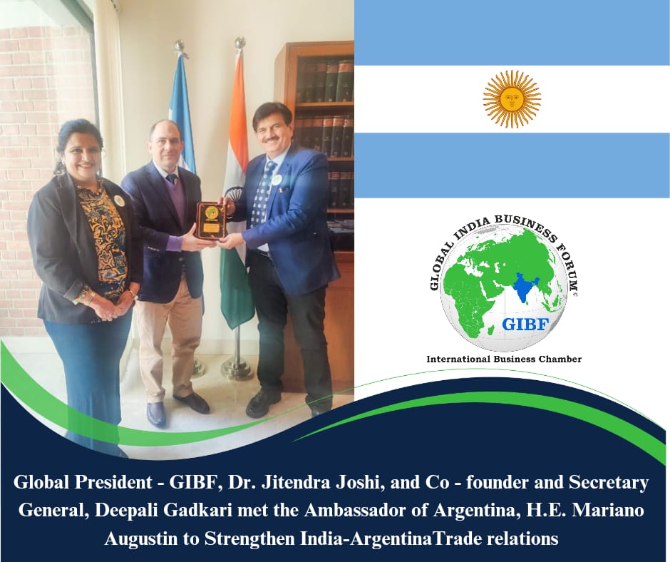 23JitendraJoshi's tweet photo. Met with H.E. Mariano Caucino @CaucinoMariano, Ambassador of Argentina, in New Delhi, with @gadkari75, Co-Founder &amp; Secretary General of @globalIndiagibf, we discussed trade relations &amp; presented an Honorary Membership memento. https://t.co/YMDqzr6HjX