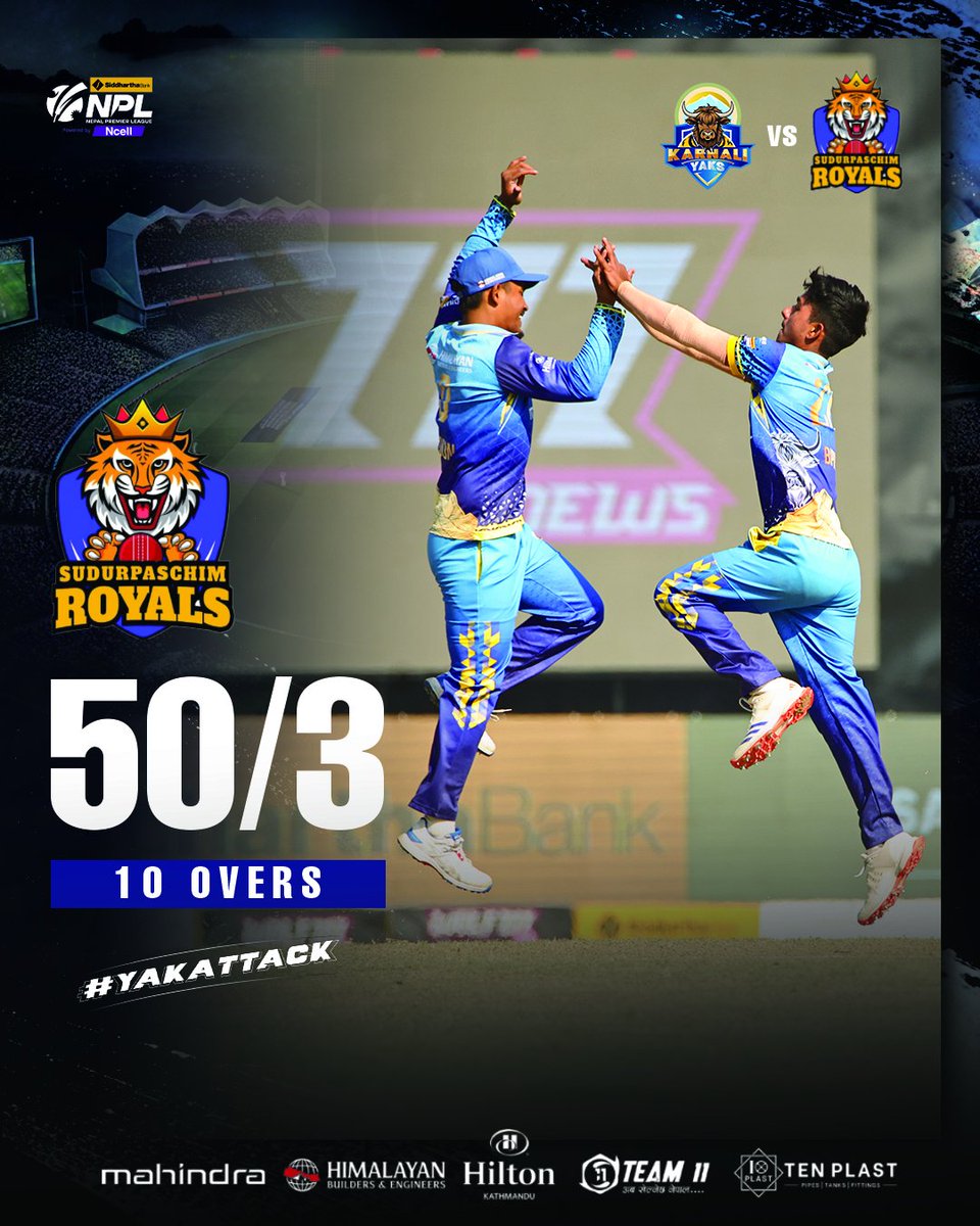 KarnaliYaks's tweet photo. Karnali Yaks on the charge!
The bowlers have brought the fire π₯, restricting Sudurpaschim Royals to 50/3 in 10 overs. The #YakAttack is in full swingβkeep pushing, Yaks! πͺπ
#YakAttack #karnaliyaks #SBLNPL #NepalCricket #Mahindra #agnigroup #karnaliyakssquad #team11 #tenplast #hiltonkathmandu