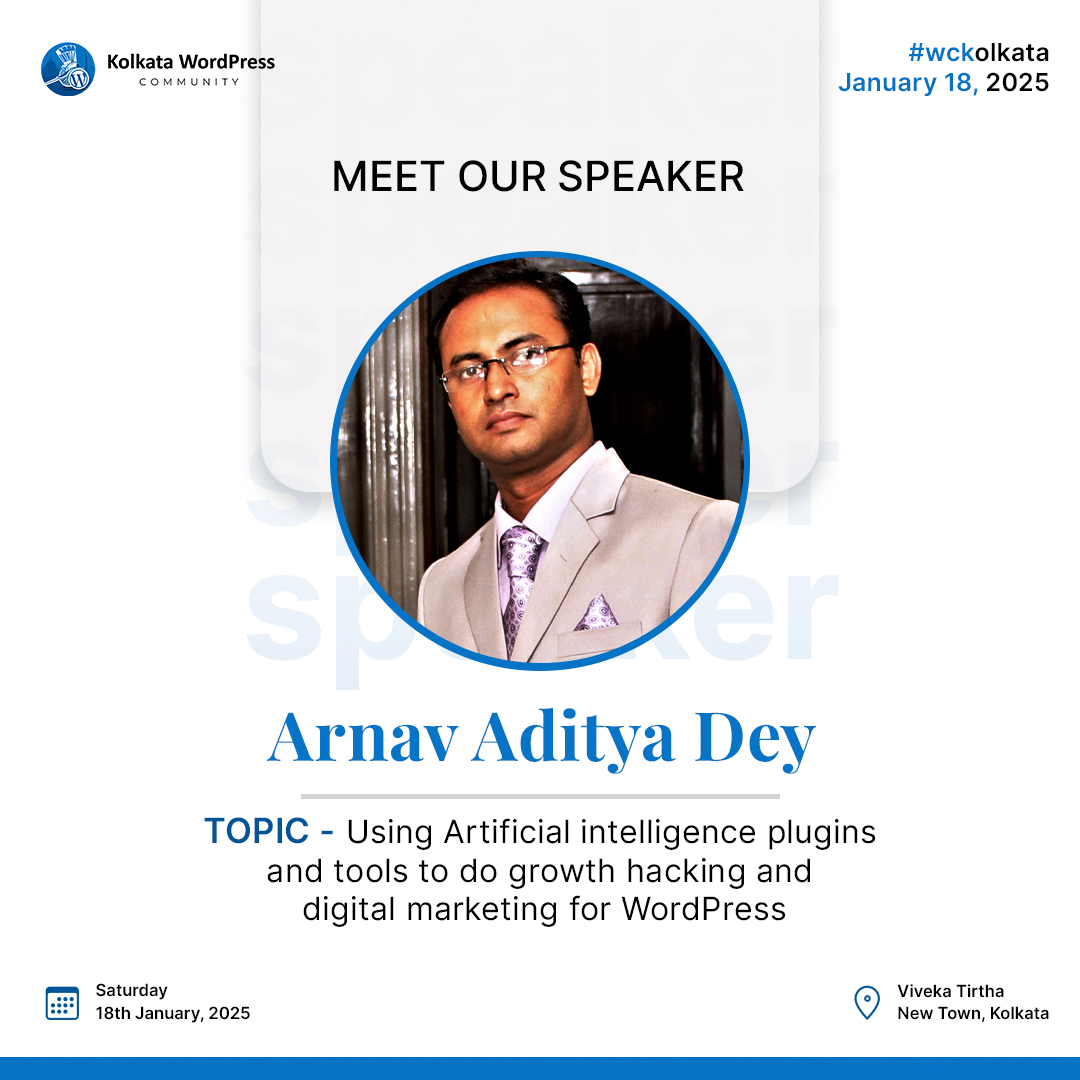 wckolkata's tweet photo. Thrilled to announce Arnav Aditya Dey will join us as a speaker at #WCKolkata2025
✨His Session - Using Artificial intelligence plugins and tools to do growth hacking and digital marketing for WordPress
For More Details 👇https://t.co/vN1T7uySY2
#wckolkata2025 #kolkata #18jan https://t.co/hyKQziwueZ