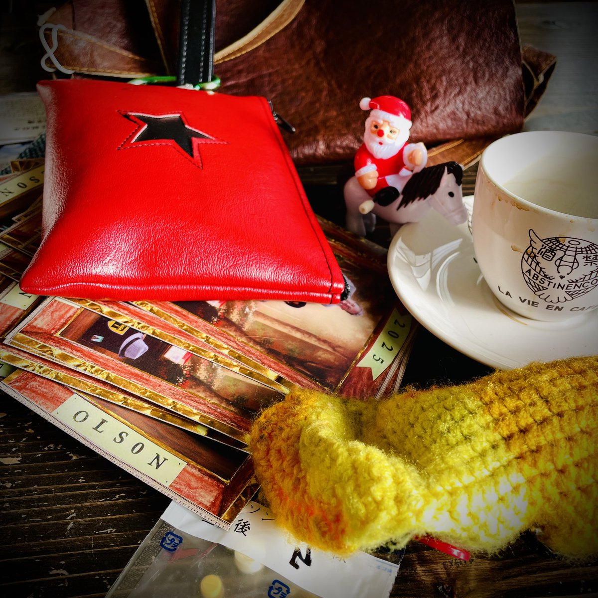 DaveOStory's tweet photo. Rocking out another batch of new year cards with a mini Santa sidekick on a donkey, or is it a mule, or a burro… 

Anyway, had my traditional Chinese medicine tea packets before a lovely coffee with a view of the castle ramparts and sound of street trams chooglin' down the road https://t.co/Sq8oHf7aB2