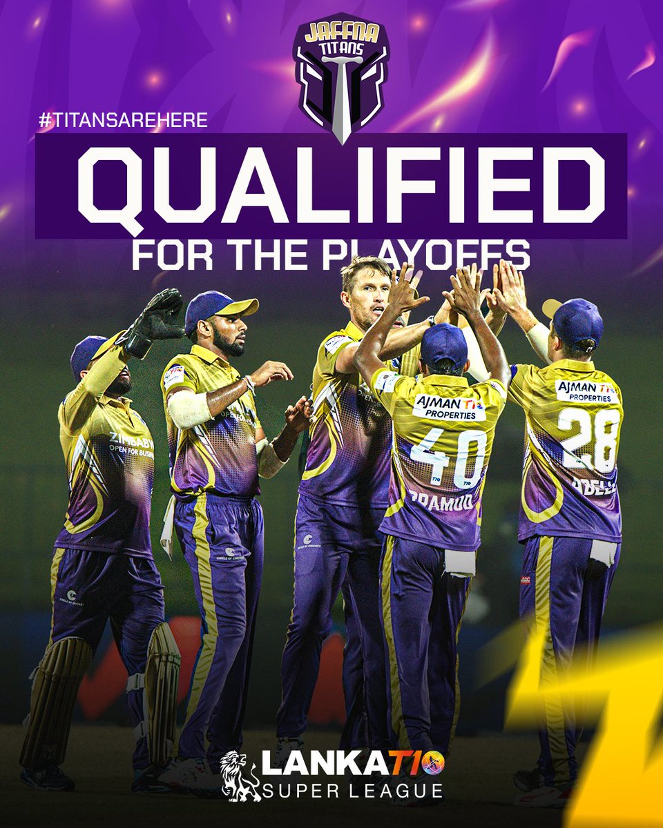 JaffnaTitans's tweet image. WE’RE PLAYOFF BOUND
History made! We’re the FIRST TEAM to qualify for the playoffs

We’re overjoyed and hungry for more! Now, let’s bring home that TROPHY

Titan fans, your unwavering support means everything! Keep cheering us on
#TitansInPlayoffs #FirstToTheFinish #JaffnaTitans
