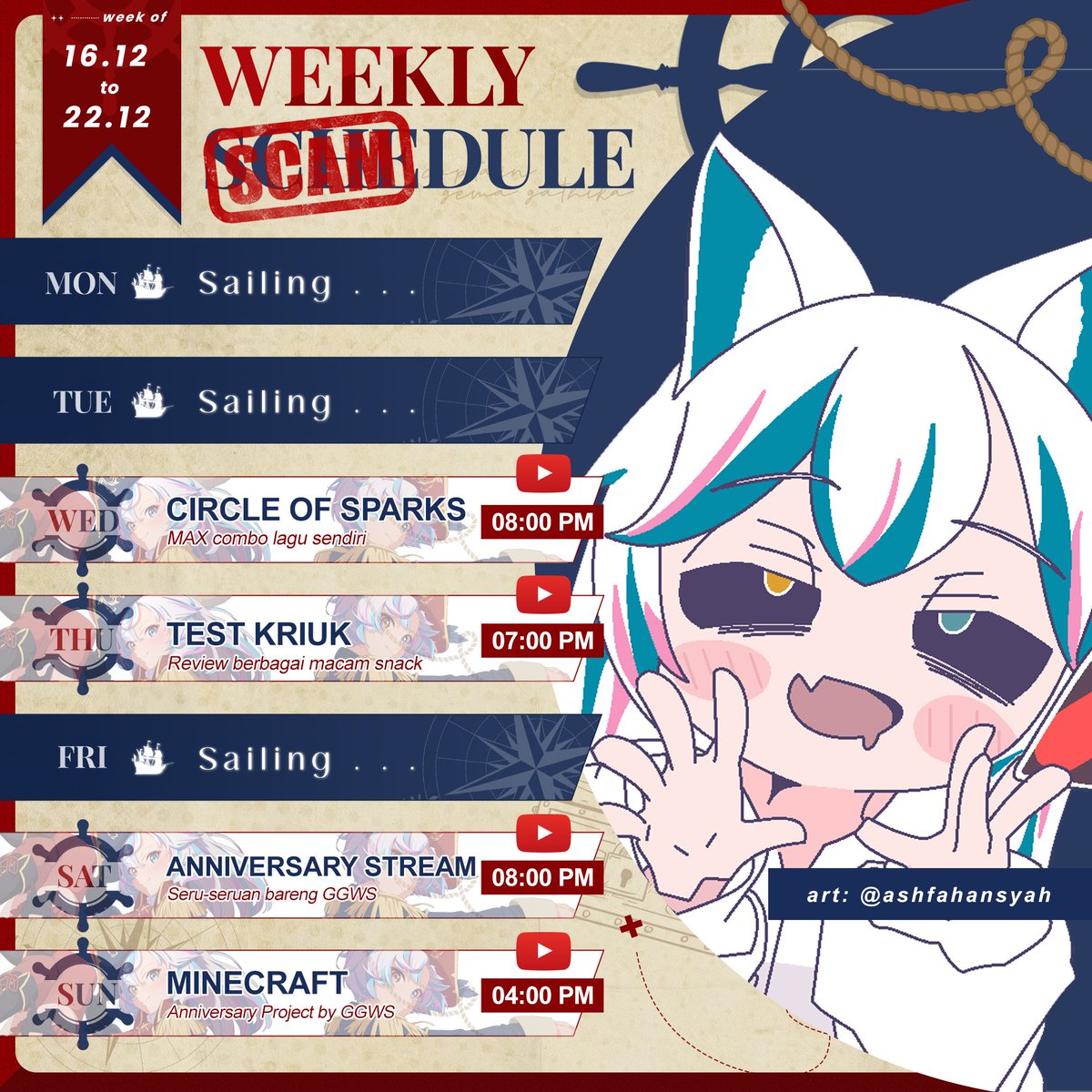 GemaGathika's tweet photo. GEMA GATHIKA WEEKLY SCAMDULE
16.12 '24 - 22.12 '24
GG! I'm Gema Gathika
Werewolf Captain Pirate
Has ability to switch gender🐺🎵
💙GGMS &amp; GGWS💜
General : #GemaGathika
Stream : #GGemalive
Original Song : #GGOG
Cover : #GGCover
Fanart : #GGemart
Meme : #GGememe
Clip : #GGClip https://t.co/tBaN7kxbRw