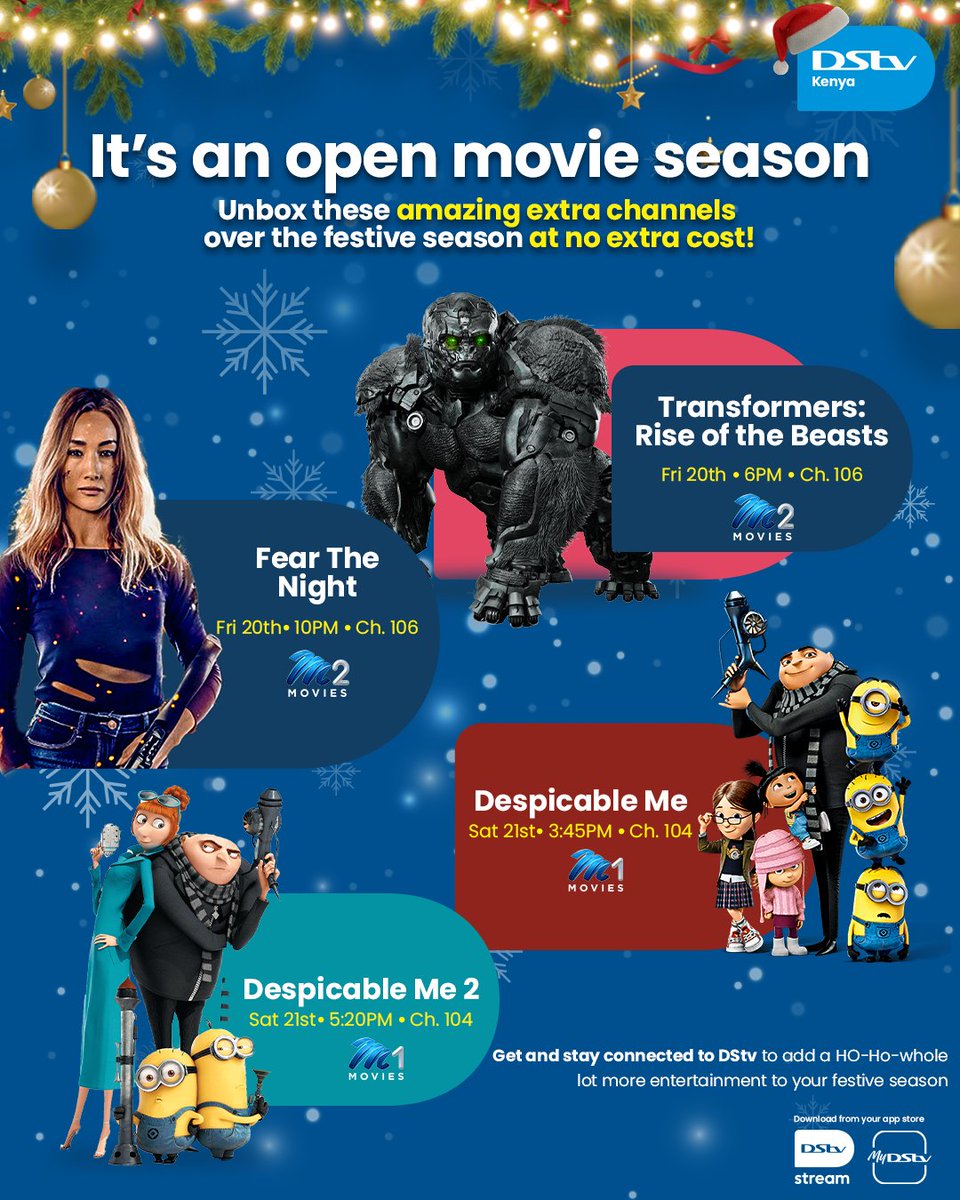 DStv_Kenya's tweet photo. Seasonβs Greetings with Extra Channels! ππΊ #OpenMovieSeason π₯πΊ
Watch all your favorite holiday movies and timeless classics, all at no extra cost! Let the festive movie magic begin! πΏπ
To Stream π² https://t.co/I1rxYCU2i3
#DStvOpenWindow #StreamOnTheGoodTimes https://t.co/ksrjtCZnDy