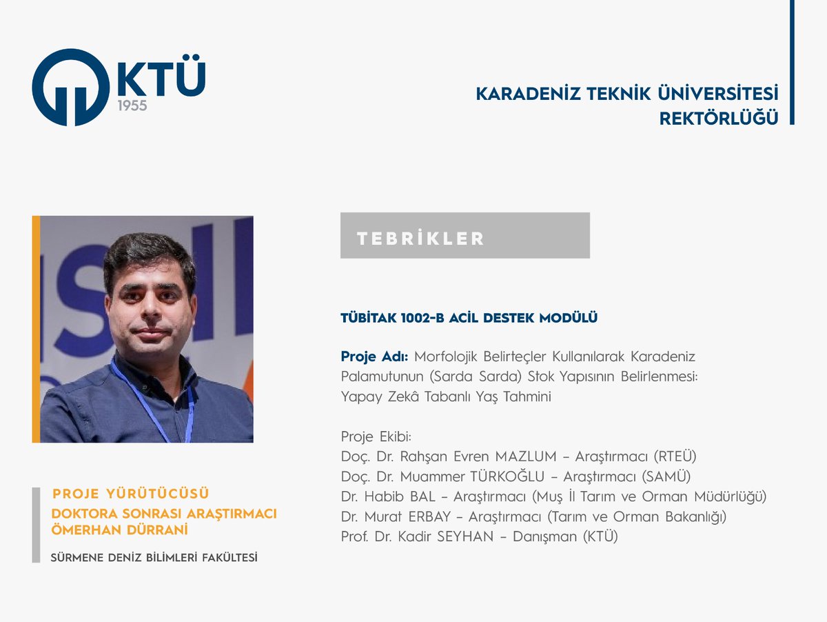 Akademisyenlerimizden Doktora Sonrası Araştırmacı Ömerhan DÜRRANİ’nin “Morfolojik Belirteçler Kullanılarak Karadeniz Palamutunun (Sarda Sarda) Stok Yapısının Belirlenmesi: Yapay Zekâ Tabanlı Yaş Tahmini”  projesi, “TÜBİTAK” kapsamında desteklendi.

👉 ktu.edu.tr/tr/basari/dokt…