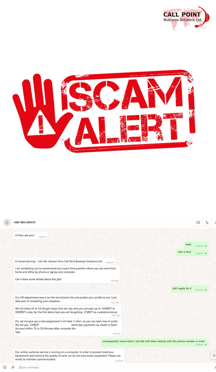 callpointltd's tweet photo. SCAM ALERT! 🚨
Scammers are falsely using Call Point Business Solutions Ltd. for fake recruitment.
🔴 We DO NOT hire remote employees.
🔴 We DO NOT conduct online recruitment.
Ignore and report any contact offering remote work or requesting personal info. https://t.co/KhtUBhF880