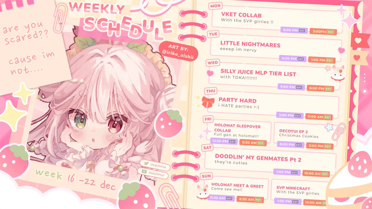UsachiYui's tweet photo. Schedule┆Dec 16 - 22 ♡
──── ୨୧ ────
🍰Tags !! ♡
Fanart: 🖍️#paintyui
Live: 🍓#usachiLIVE
Nsfw: 🔞#yuidelight https://t.co/Q0pawMA8cC