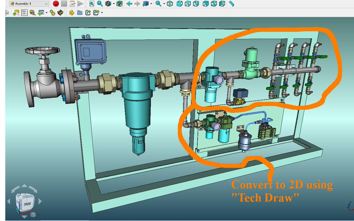 sy_paladin's tweet photo. #FreeCAD #TechDraw #Assembly4
3Dデータの2D表記の練習。🐌
表面加工装置(空想)の空気系統。
加工用エアーの制御ブロックです。
3Dデータに存在しない中心線や、注記の追記が、面倒です。😅 https://t.co/ZeDNT0SetS