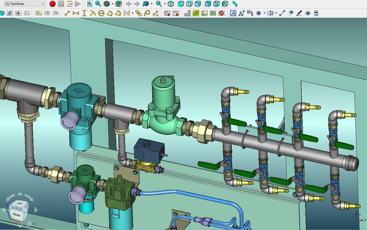 sy_paladin's tweet photo. #FreeCAD #TechDraw #Assembly4
3Dデータの2D表記の練習。🐌
表面加工装置(空想)の空気系統。
加工用エアーの制御ブロックです。
3Dデータに存在しない中心線や、注記の追記が、面倒です。😅 https://t.co/ZeDNT0SetS