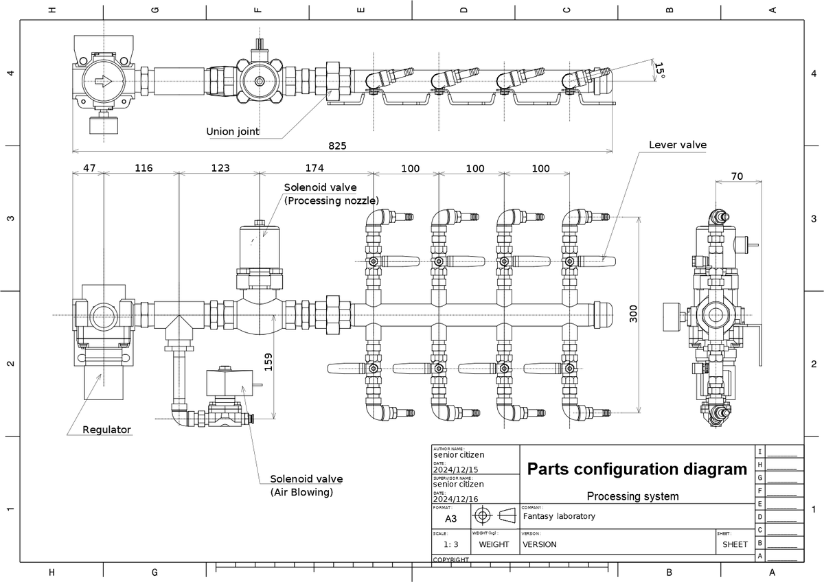sy_paladin's tweet photo. #FreeCAD #TechDraw #Assembly4
3Dデータの2D表記の練習。🐌
表面加工装置(空想)の空気系統。
加工用エアーの制御ブロックです。
3Dデータに存在しない中心線や、注記の追記が、面倒です。😅 https://t.co/ZeDNT0SetS