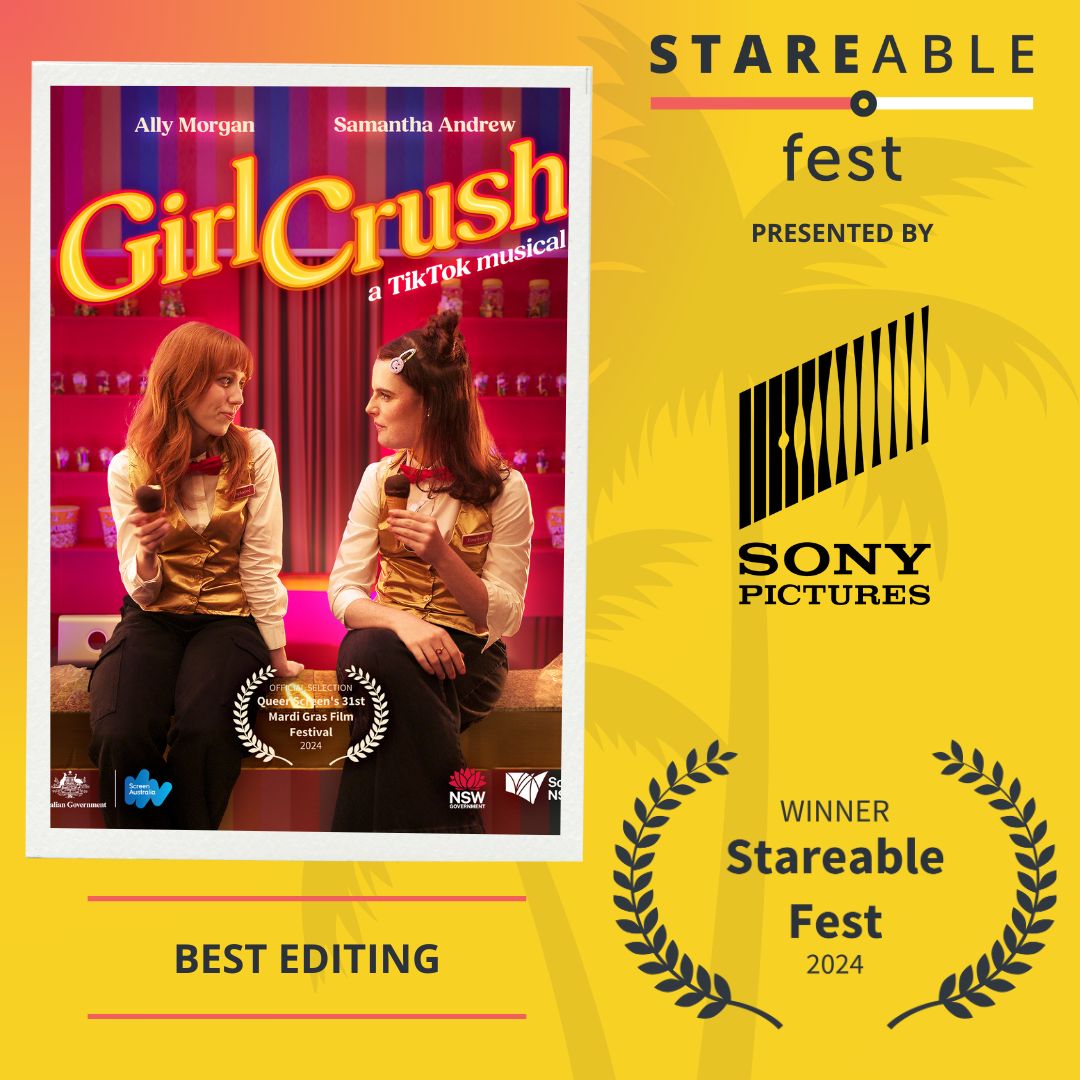 Congrats to Girl Crush for winning #StareableFest 2024's Best in Editing award!

About the show: Struggling musician Jessie thinks she’s found a passion for her dead-end cinema job. In reality, she’s found a passion for the new employee, Brianna.