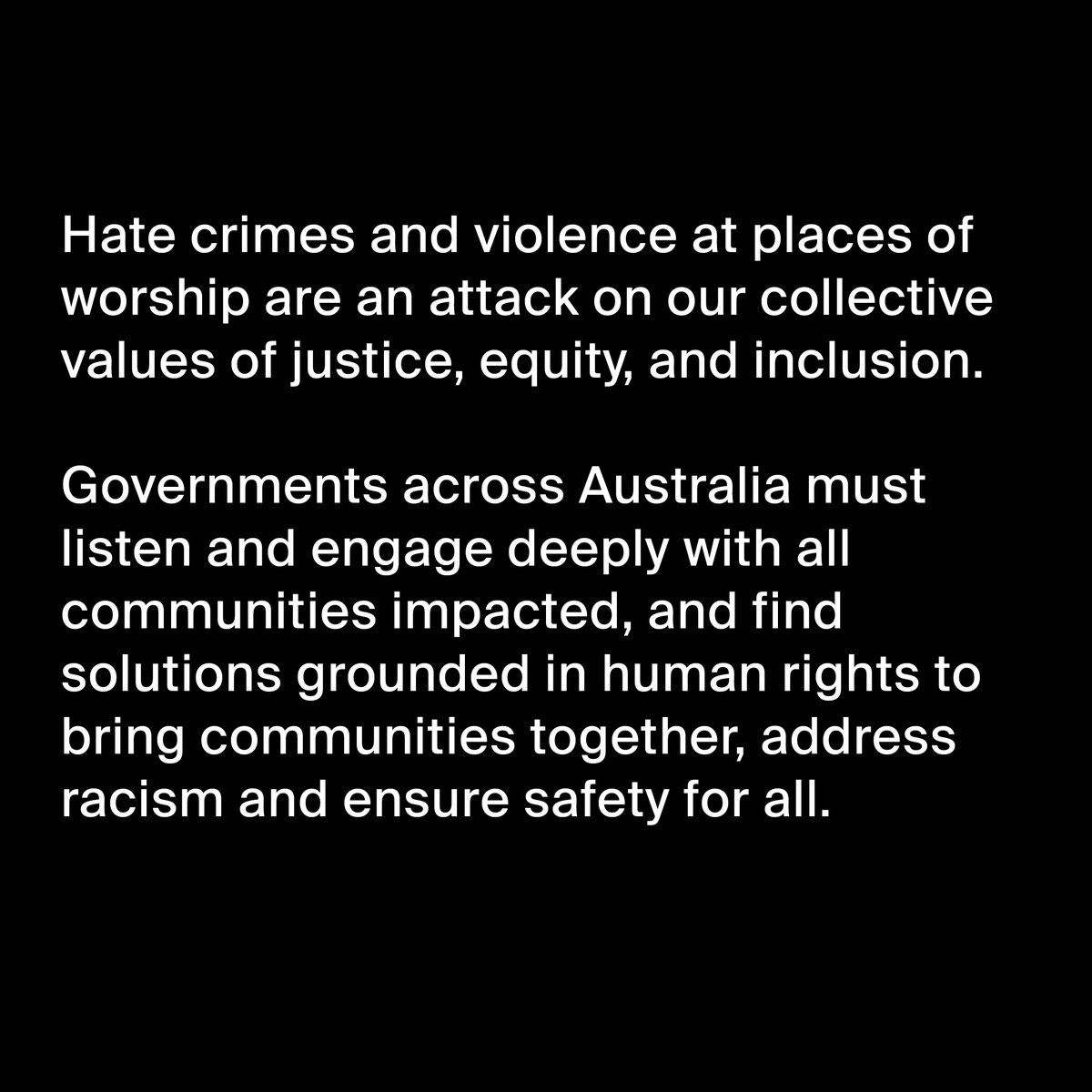 The Human Rights Law Centre condemns the attack on Adass Israel Synagogue, amid rising antisemitism, Islamophobia and racism.

Everyone has the right to worship in safety, free from intimidation, harassment or violence.

Read our full statement here: hrlc.org.au/news/2024/12/1…